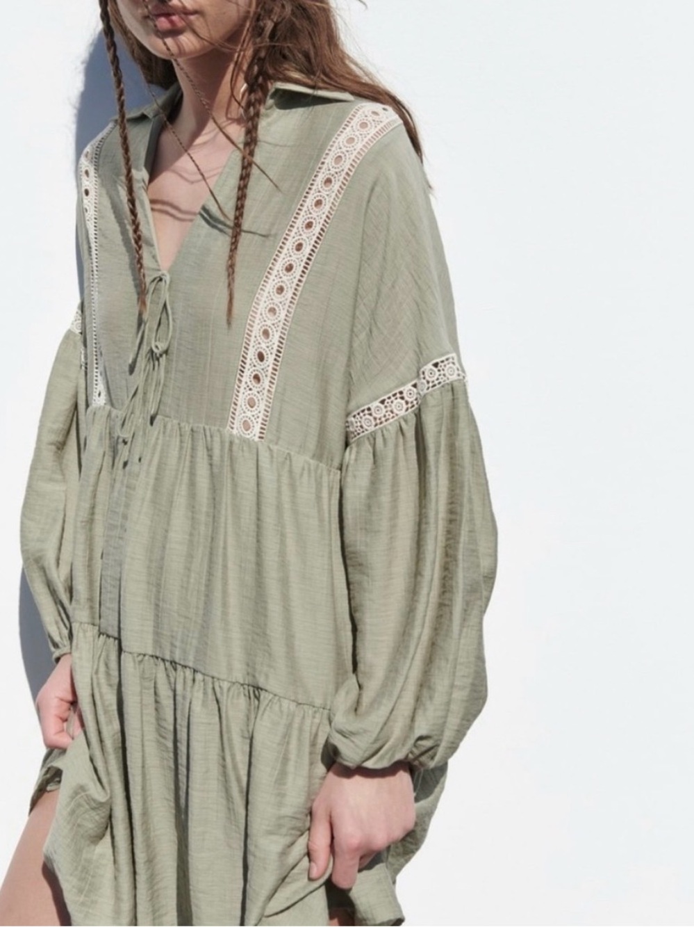 Zara Olive Green Long Sleeve Tiered Mini Dress - Picture 6 of 8